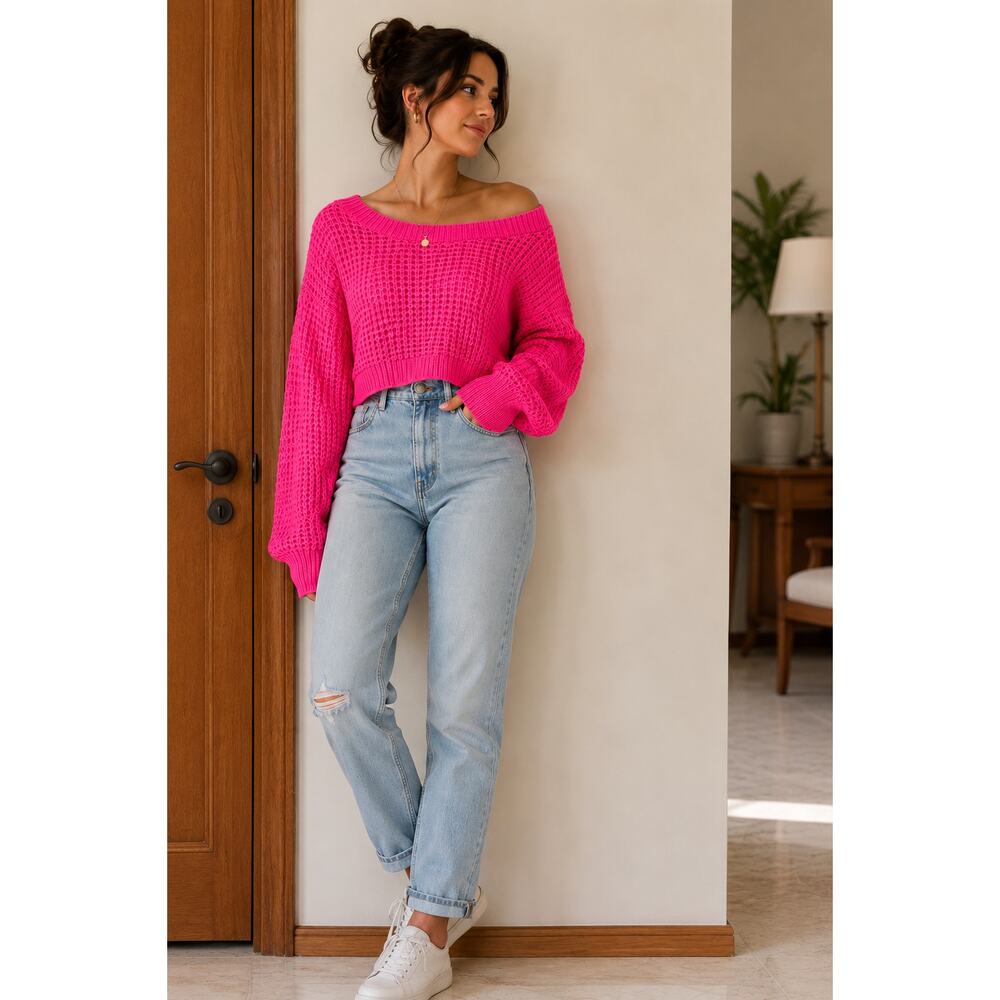 Originality Hot Pink Waffle Knit Cropped Sweater Women’s Large